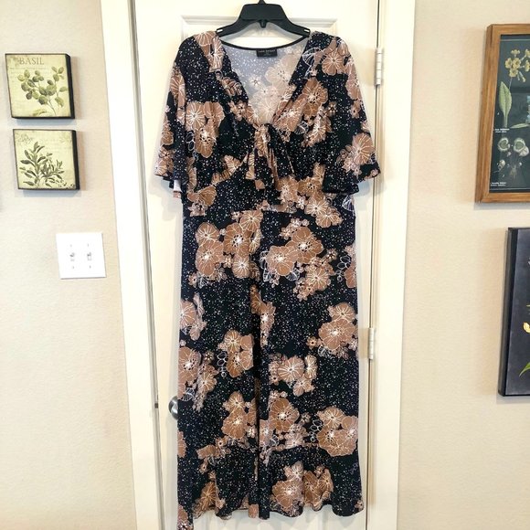 Flutter Sleeve Floral Midi Dress with Tie Neck and Ruffled Bottom - Picture 1 of 3